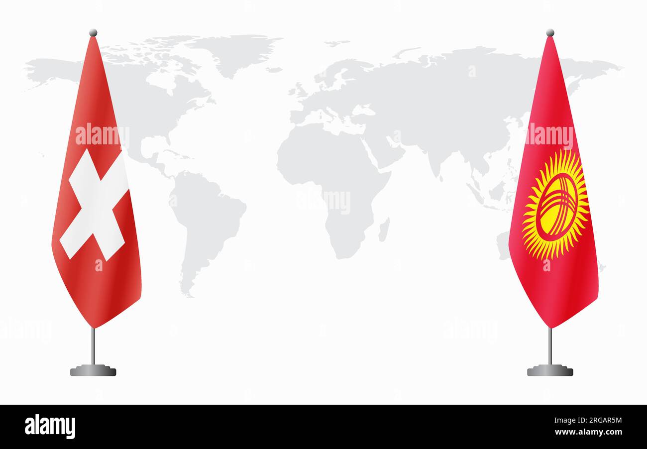 Switzerland and Kyrgyzstan flags for official meeting against background of world map. Stock Vector