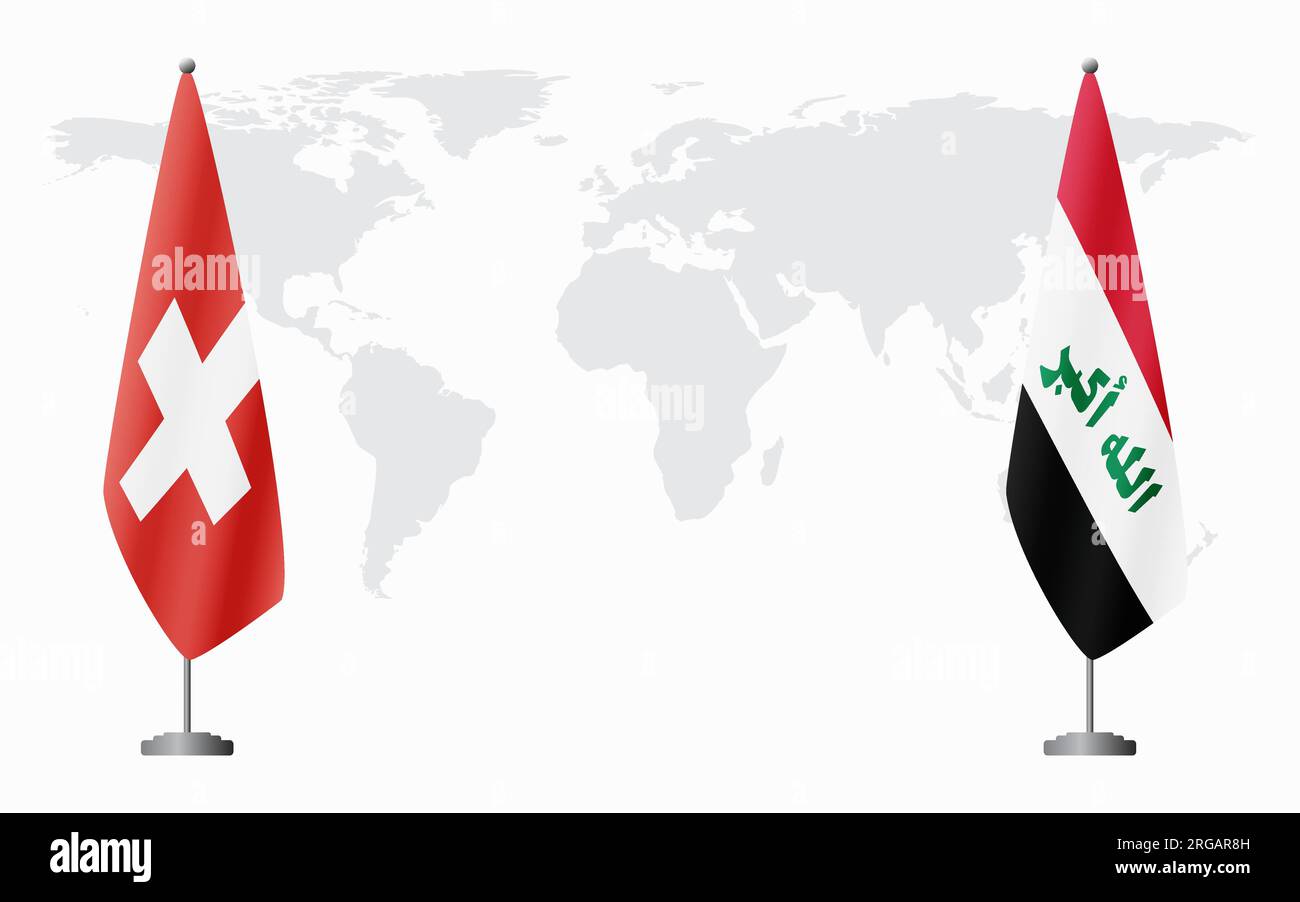 Switzerland and Iraq flags for official meeting against background of world map. Stock Vector