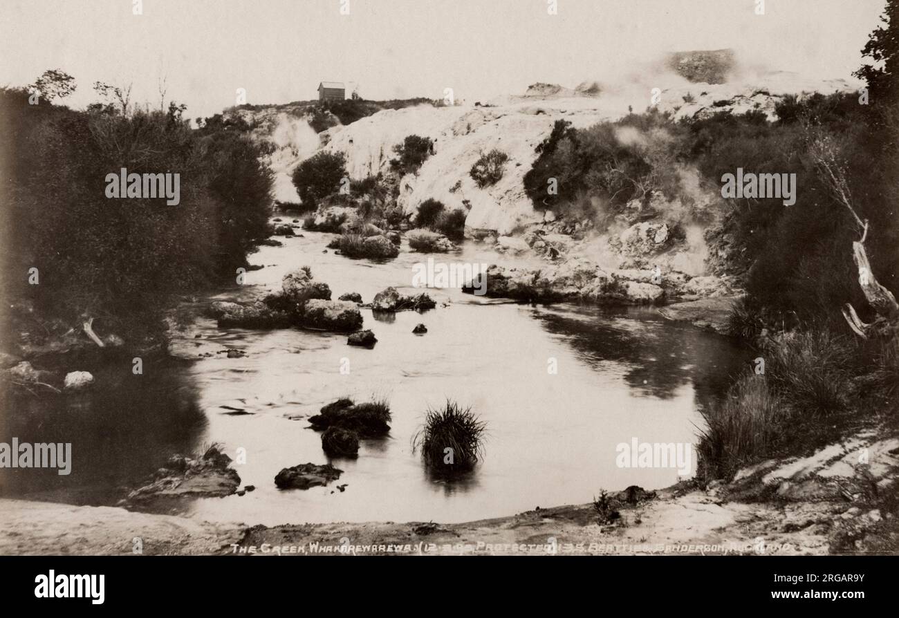 19th century vintage photograph - the creek, Whakarewarewa. This is now the Te Puia geothermal preserve, with its Maori cultural centre, bubbling mud pots, and the spouting Pohutu Geyser. Stock Photo