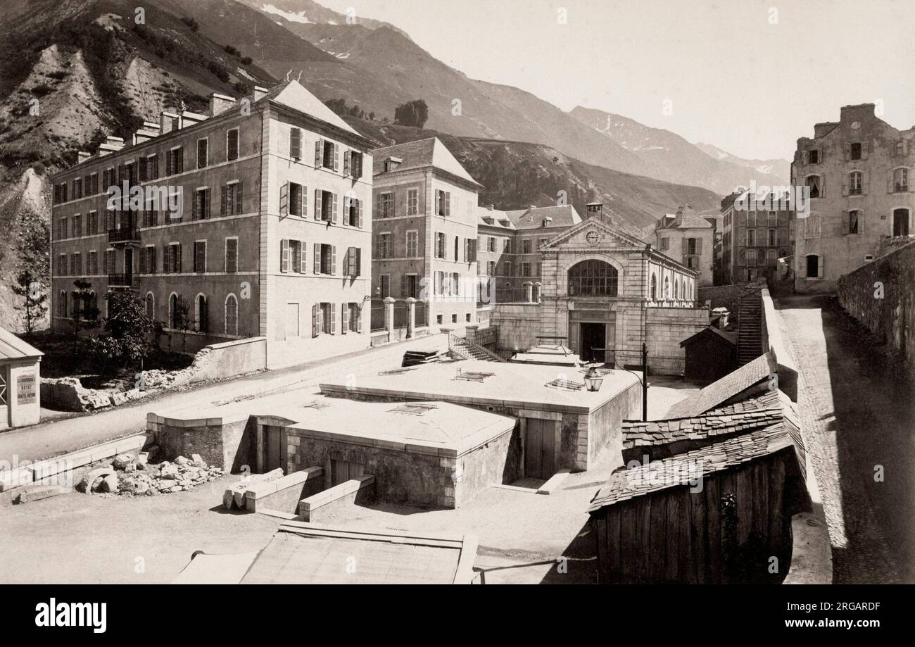 Vintage 19th century photograph: BarÃƒÂ¨ges is a commune in the Hautes-Pyrenees department in the Occitania region of south-western France. Stock Photo