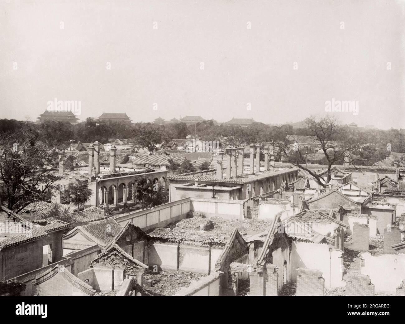 Vintage 19th century photograph: Legation Quarter, Peking Beijing, China. Damaged buildings following the seige by nationalist Boxer troops, rebellion. Stock Photo