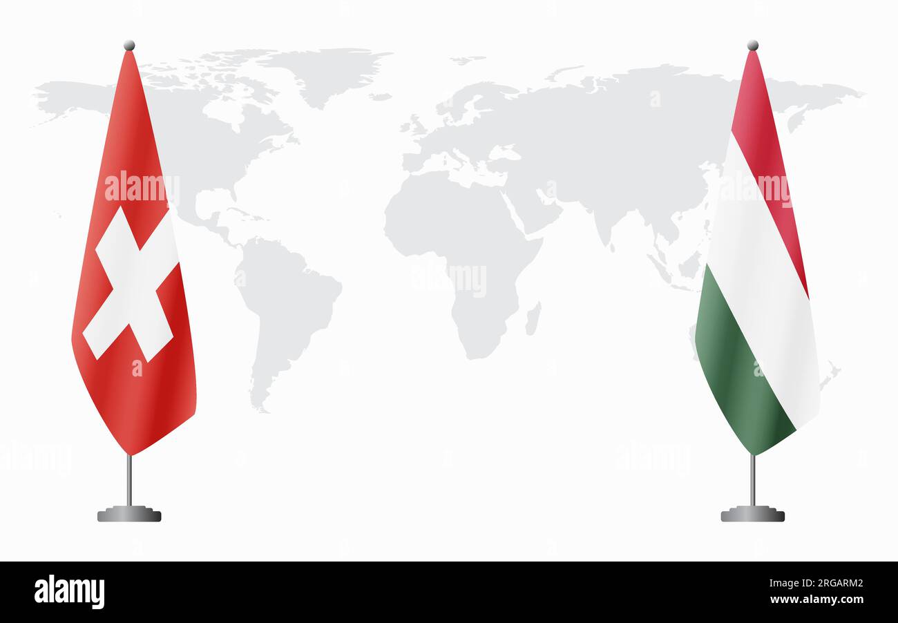 Switzerland and Hungary flags for official meeting against background of world map. Stock Vector