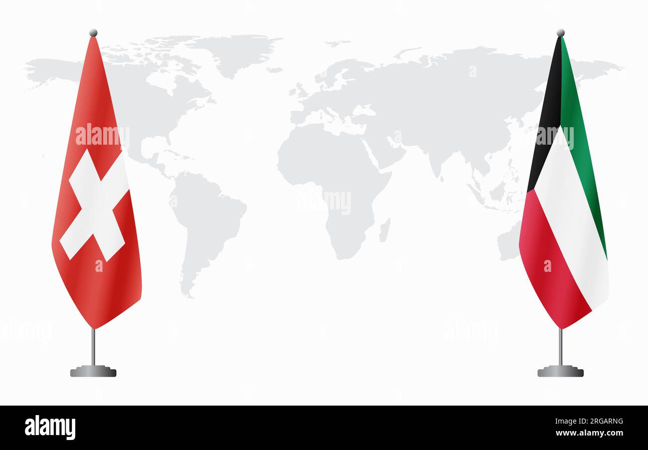 Switzerland and Kuwait flags for official meeting against background of world map. Stock Vector
