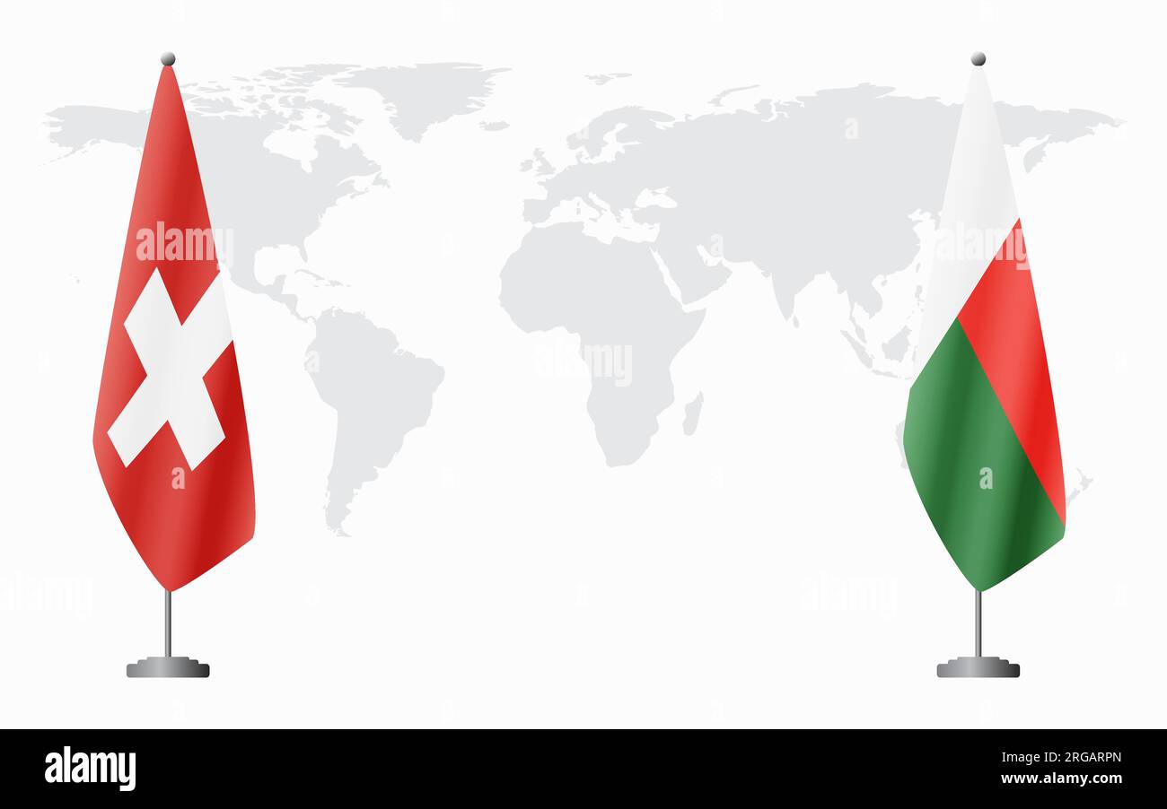Switzerland and Madagascar flags for official meeting against background of world map. Stock Vector