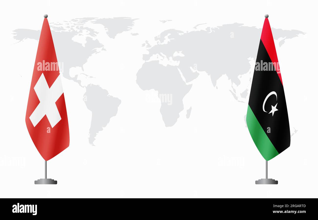 Switzerland and Libya flags for official meeting against background of world map. Stock Vector