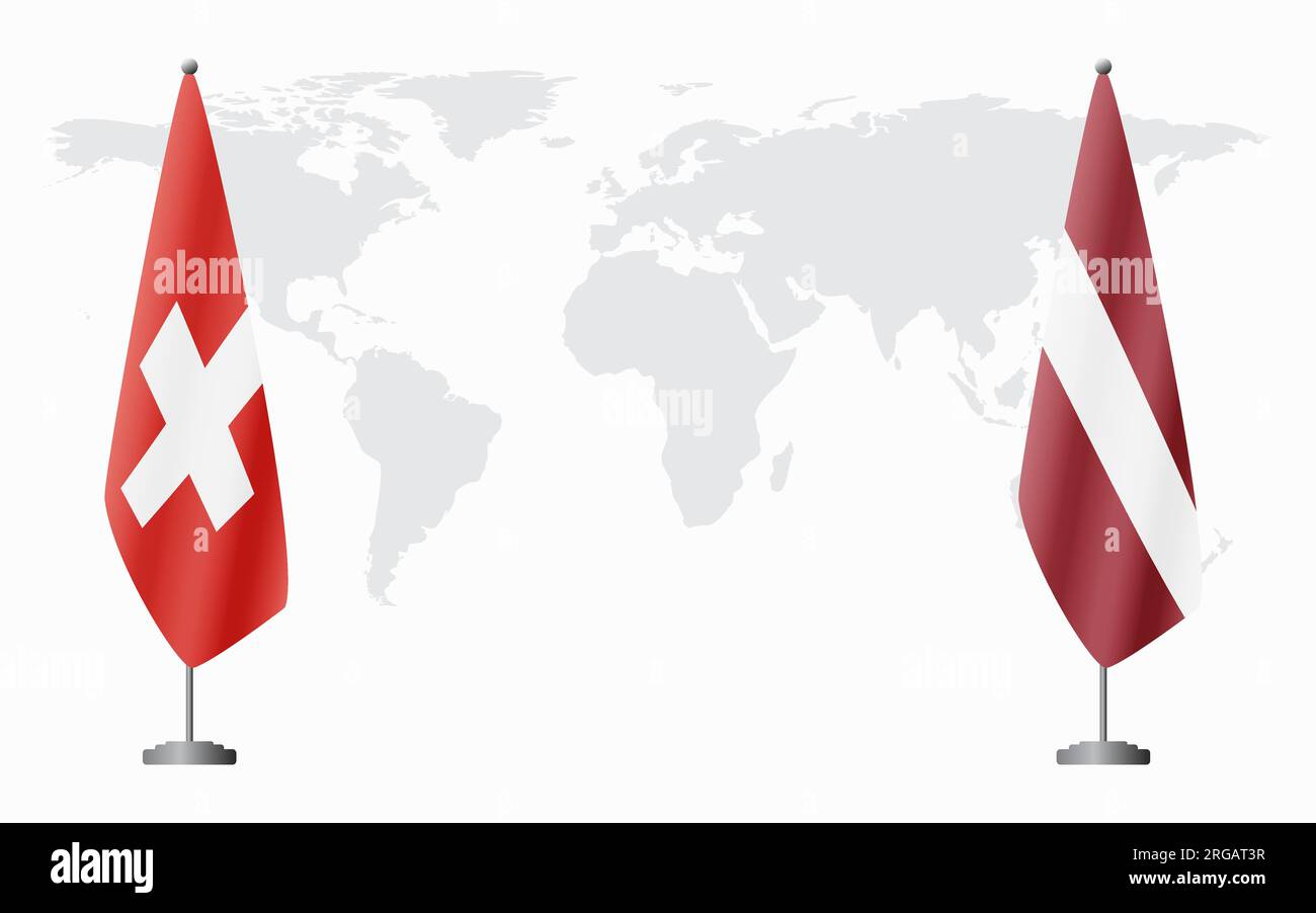 Switzerland and Latvia flags for official meeting against background of world map. Stock Vector
