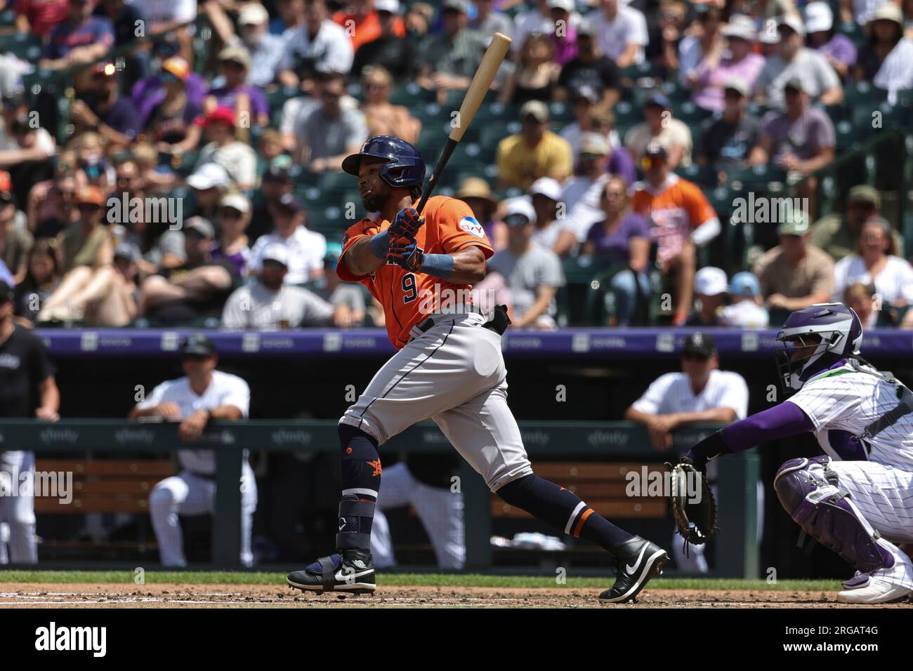 Houston Astros left fielder Corey Julks (9) swings at the pitch in an ...