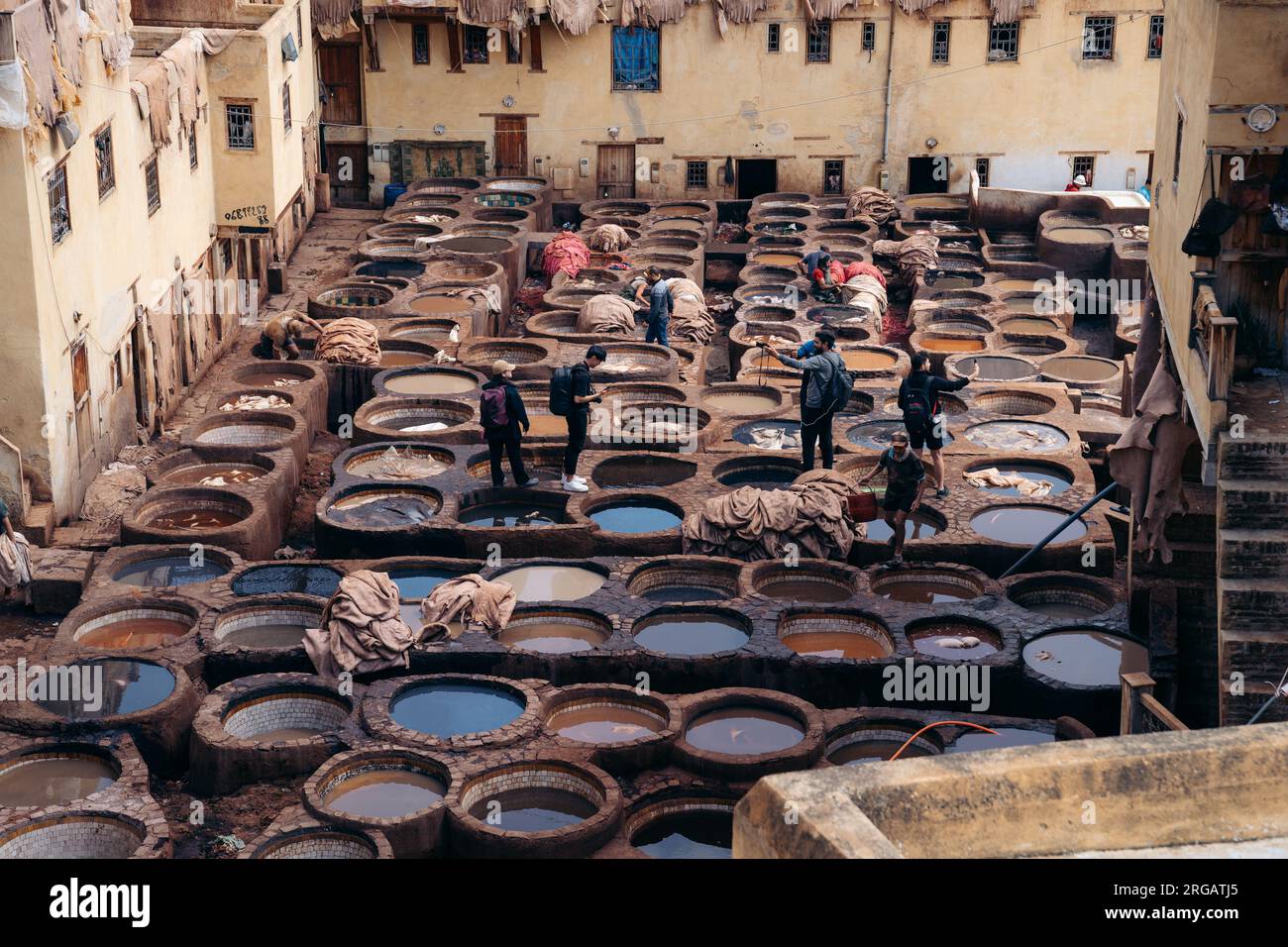 15.5.2023 Fes, Morocco: A famous Chouara tannery in Fes, Morocco, showcasing the ancient art of leather dyeing using natural techniques and vibrant Stock Photo