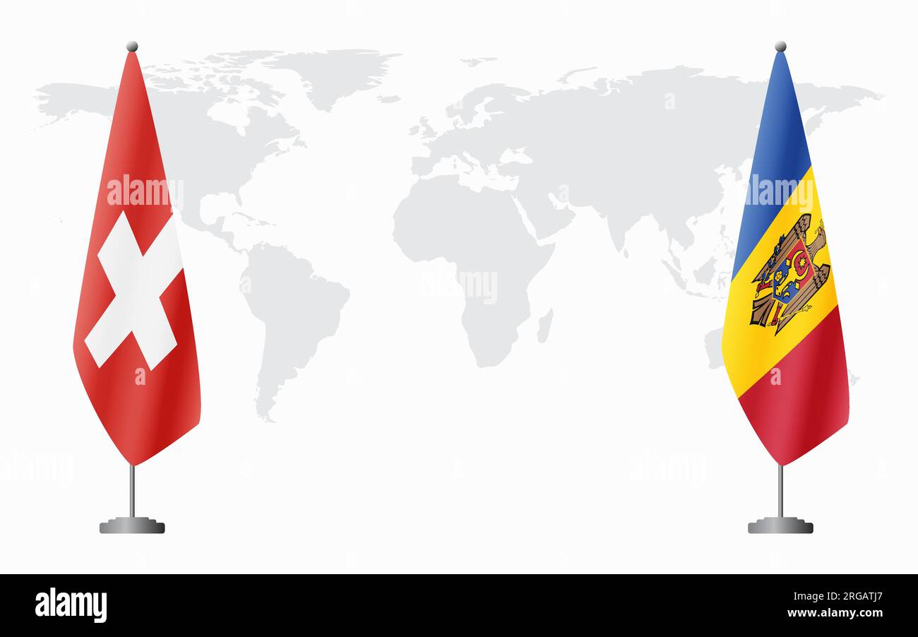 Switzerland and Moldova flags for official meeting against background of world map. Stock Vector