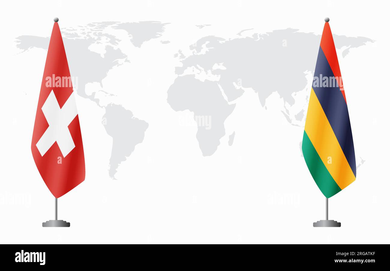 Switzerland and Mauritius flags for official meeting against background of world map. Stock Vector