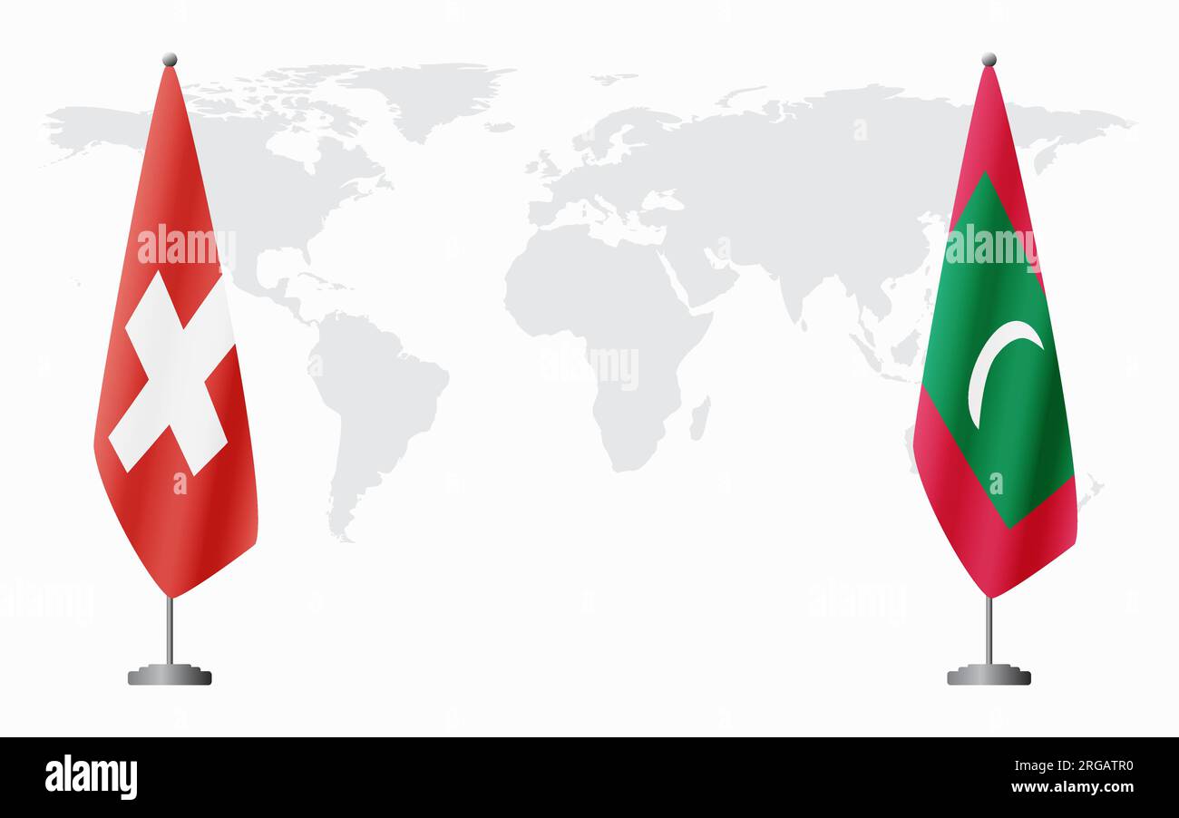 Switzerland and Maldives flags for official meeting against background of world map. Stock Vector