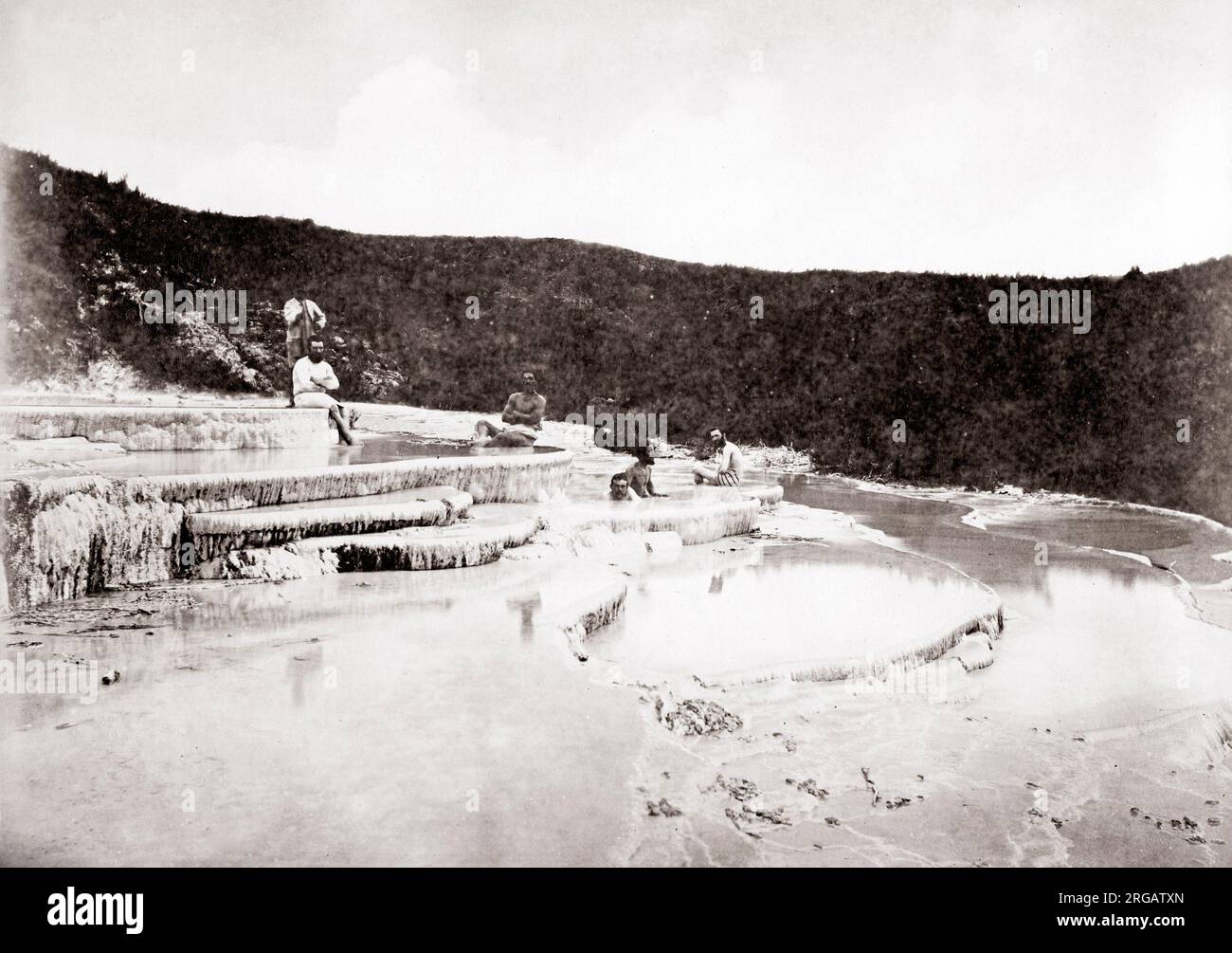 c.1880 New Zealand - bathing at the Pink Terraces, Te Otukapuarangi, Te Tarata, Bay of Plenty Stock Photo