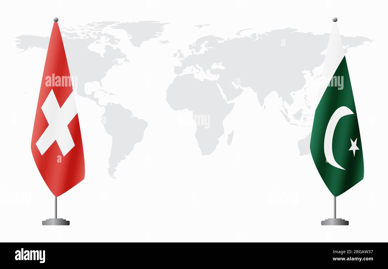 Switzerland and Pakistan flags for official meeting against background of world map. Stock Vector