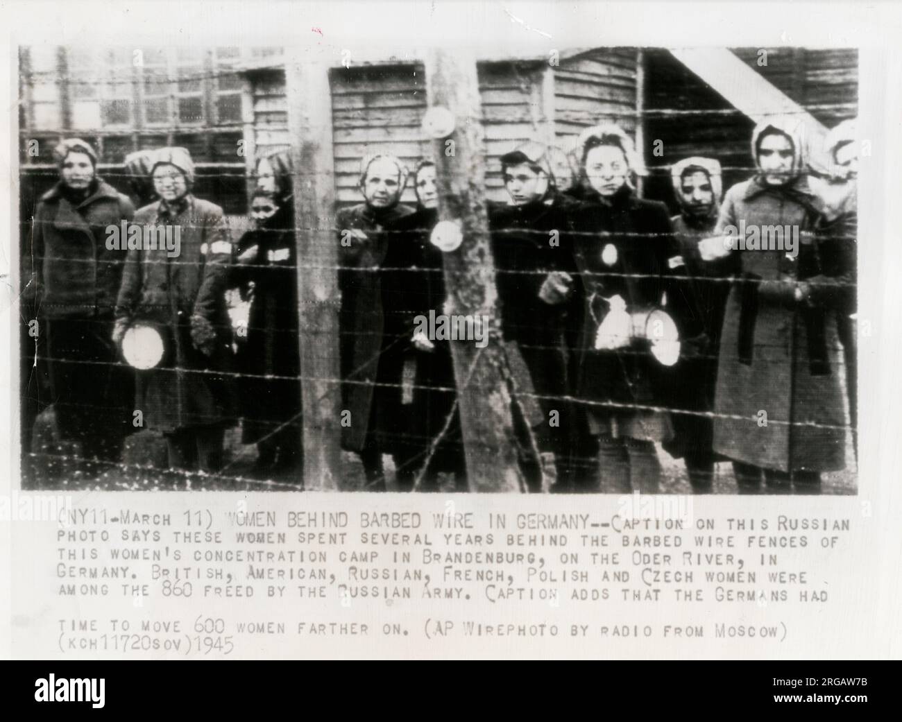 Vintage WW2 World War Two photograph - wire photo copied by western agencies from a Russian source, showing imprisoned women from allied nations in a German concentration camp in Brandenburg. Nationalities included British, American Russian, French, Polish and Czech. Stock Photo