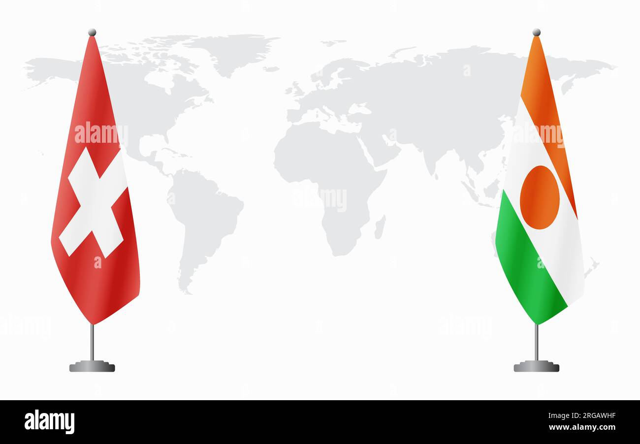 Switzerland and Niger flags for official meeting against background of world map. Stock Vector