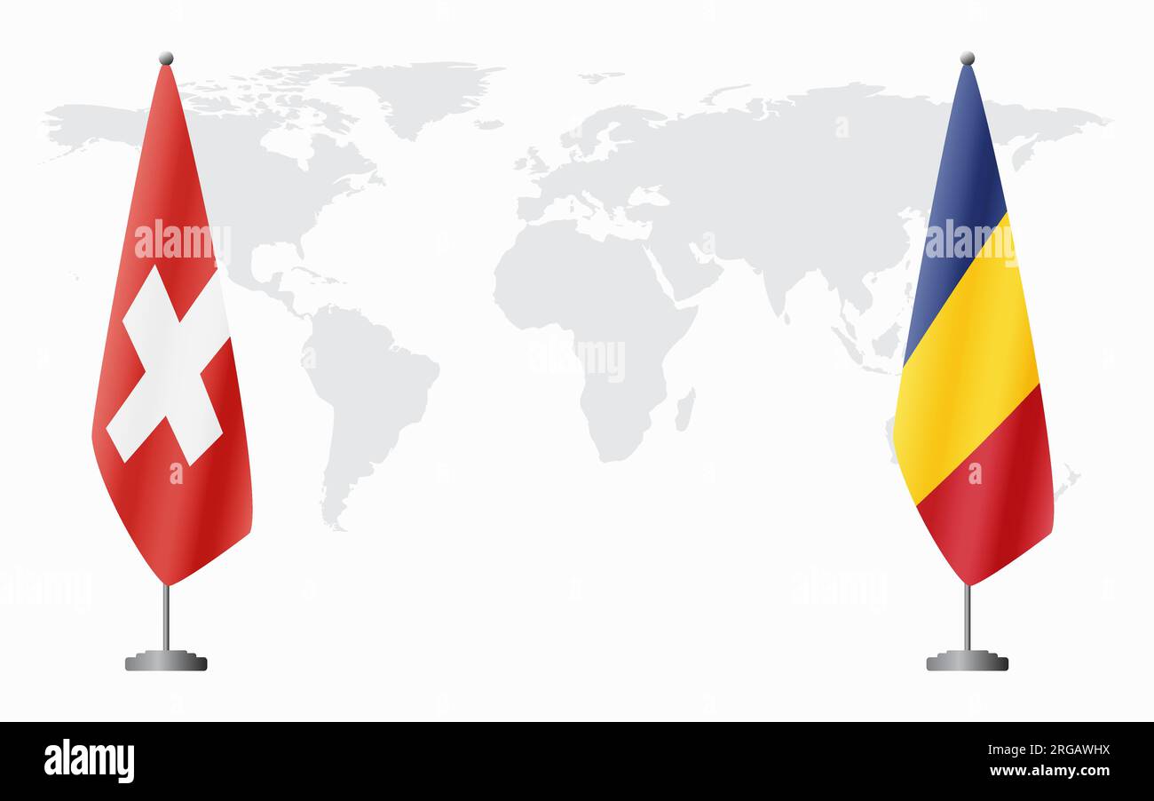 Switzerland and Romania flags for official meeting against background of world map. Stock Vector