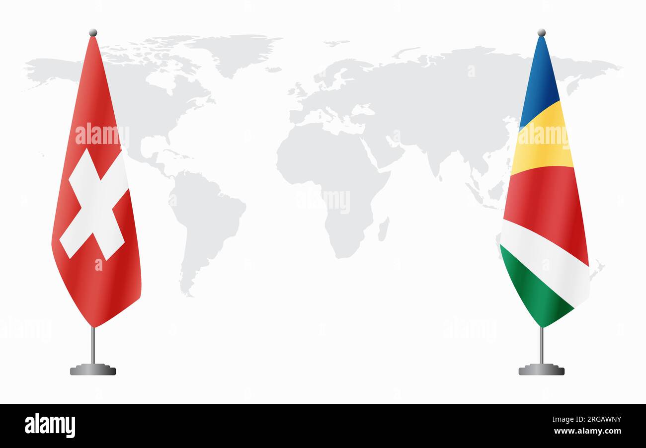 Switzerland and Seychelles flags for official meeting against background of world map. Stock Vector