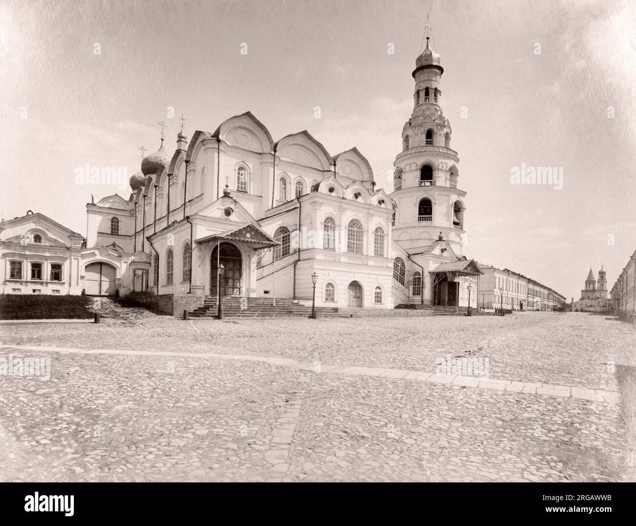 19th century vintage photograph Russia - Kazan Kremlin Tartarstan.  The Kazan Kremlin (Russian: ÃÂšÃÂ°ÃÂ·ÃÂ°ÃÂ½Ã‘ÂÃÂºÃÂ¸ÃÂ¹ ÃÂšÃ‘Â€ÃÂµÃÂ¼ÃÂ»Ã‘ÂŒ; Tatar: Cyrillic ÃÂšÃÂ°ÃÂ·ÃÂ°ÃÂ½ ÃÂºÃÂ¸Ã‘Â€ÃÂ¼Ã“Â™ÃÂ½ÃÂµ, Latin Qazan kirmÃƒÂ¤ne) is the chief historic citadel of Tatarstan, situated in the city of Kazan. It was built at the behest of Ivan the Terrible on the ruins of the former castle of Kazan khans. Stock Photo