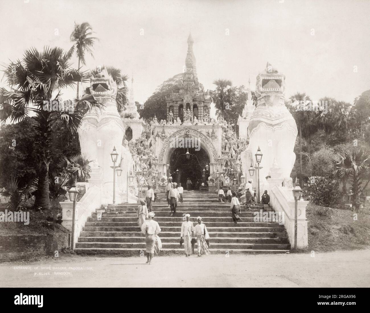 Vintage 19th century photograph: Entrance to the Shwedagon pagoda, Rangoon, Yangon, Burma, Myanmar, c.1890's, Klier studio. Stock Photo