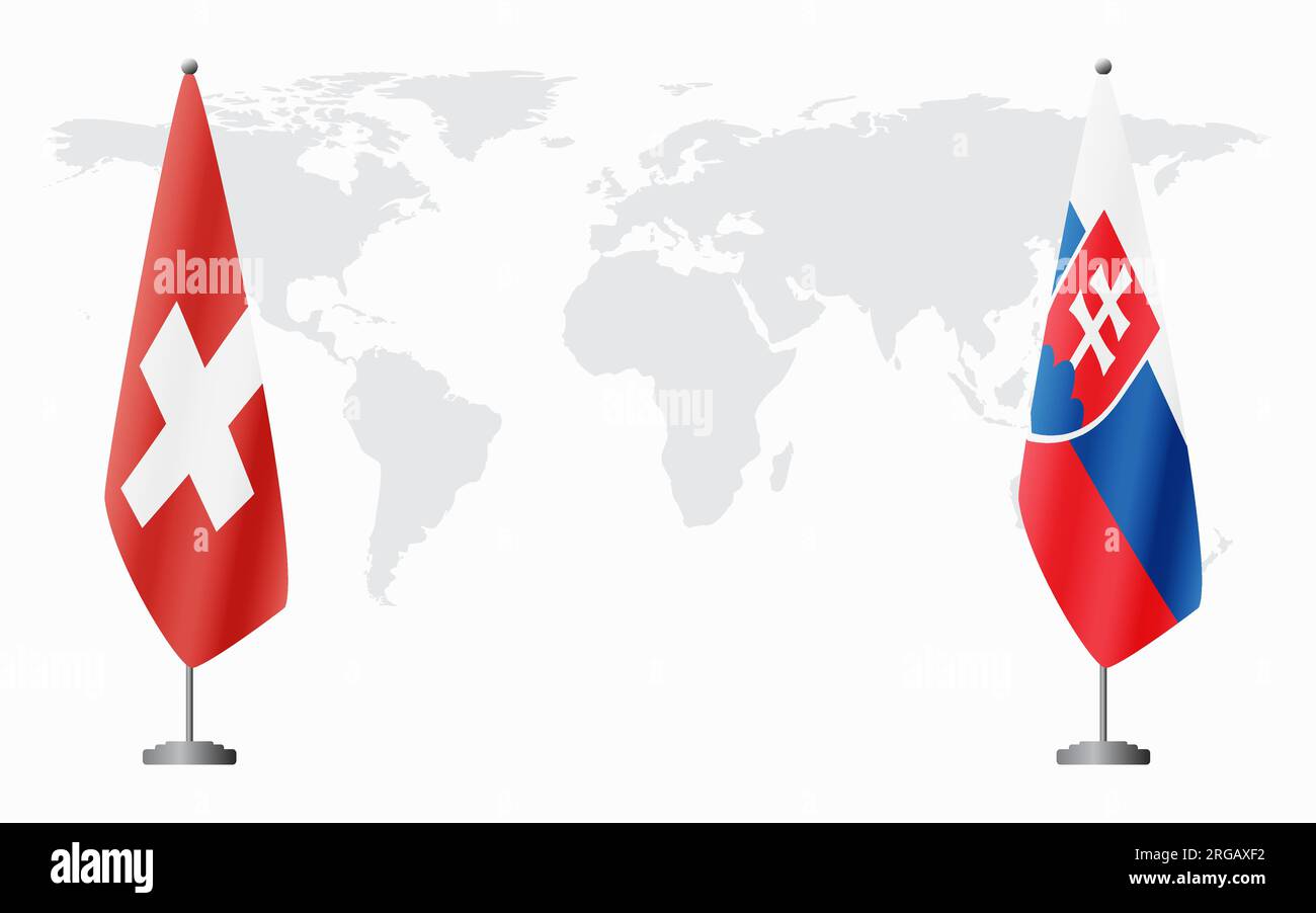 Switzerland and Slovakia flags for official meeting against background of world map. Stock Vector