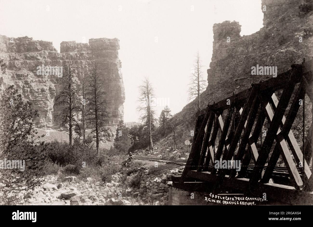 Vintage 19th century photograph: Castle Gate, Price Canon, Canyon, Utah USA, railroad, railway track. Stock Photo