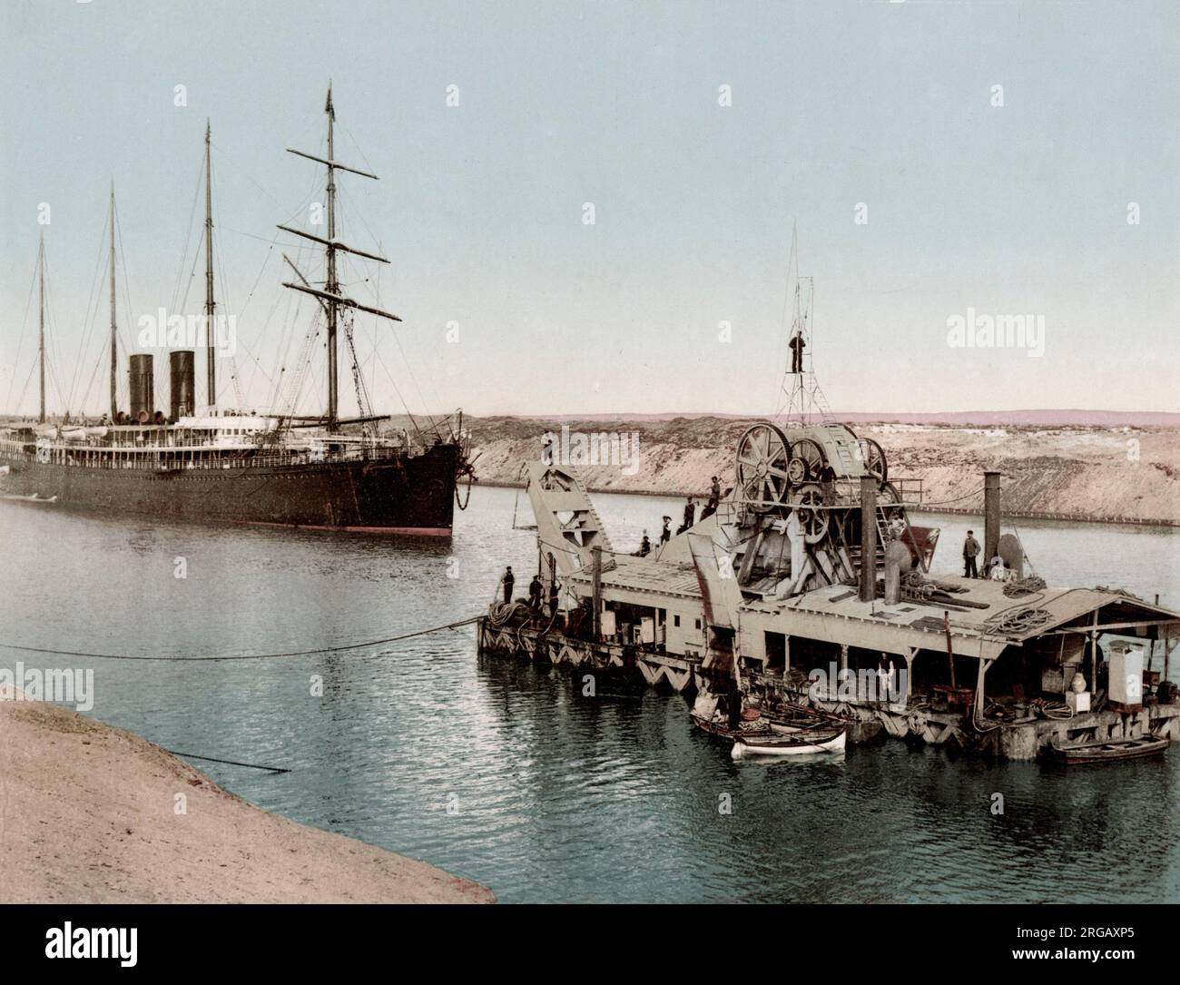 c.1890's Photochrome Egypt - dredger and ship on the Suez Canal Stock Photo