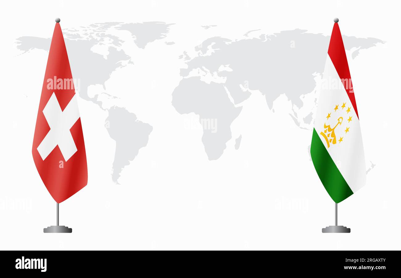 Switzerland and Tajikistan flags for official meeting against background of world map. Stock Vector