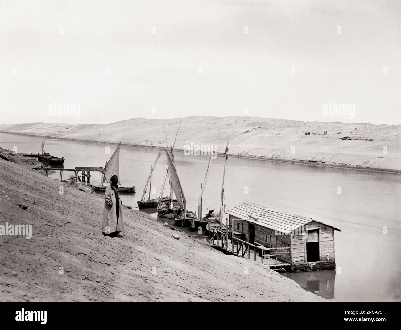 Vintage 19th century photograph: baaots on the Suez Canal, Egypt. Stock Photo