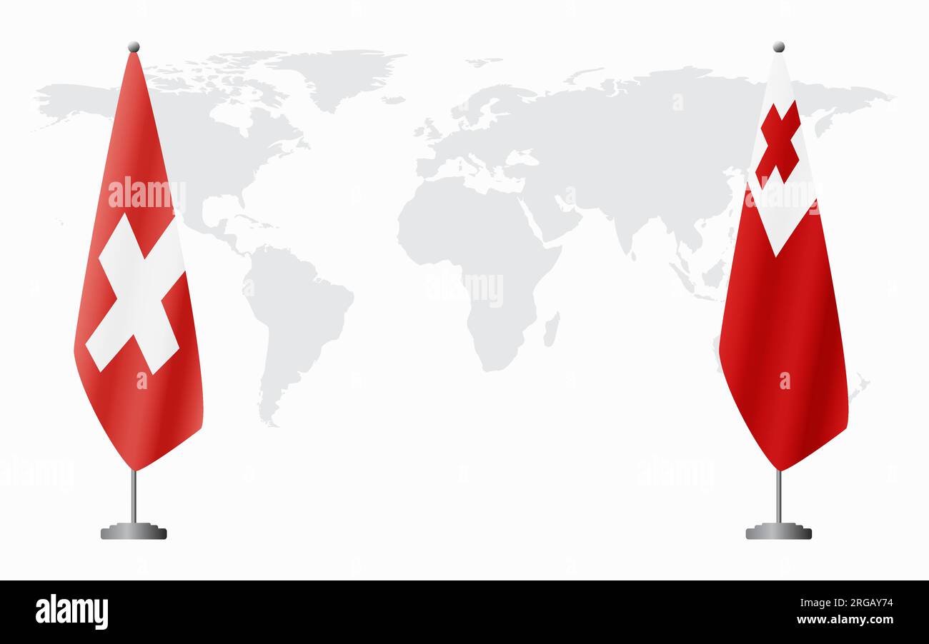 Switzerland and Tonga flags for official meeting against background of world map. Stock Vector