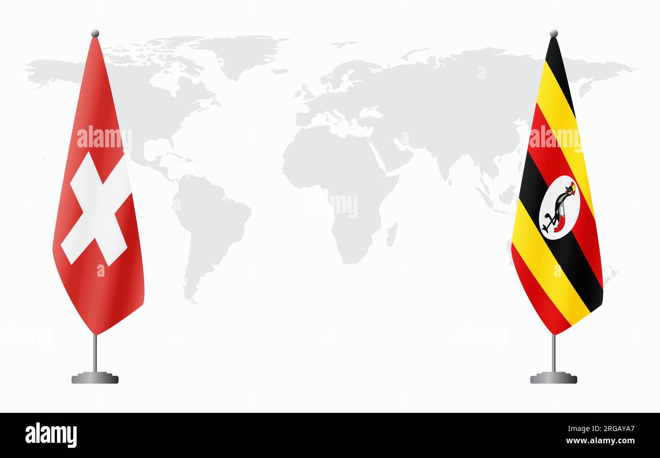 Switzerland and Uganda flags for official meeting against background of world map. Stock Vector