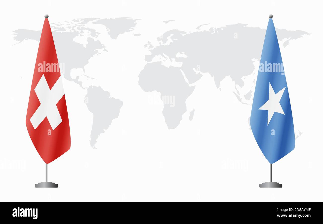 Switzerland and Somalia flags for official meeting against background of world map. Stock Vector
