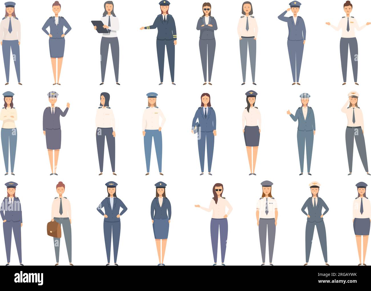 Female pilot icons set cartoon vector. Woman work. Airport plane Stock ...