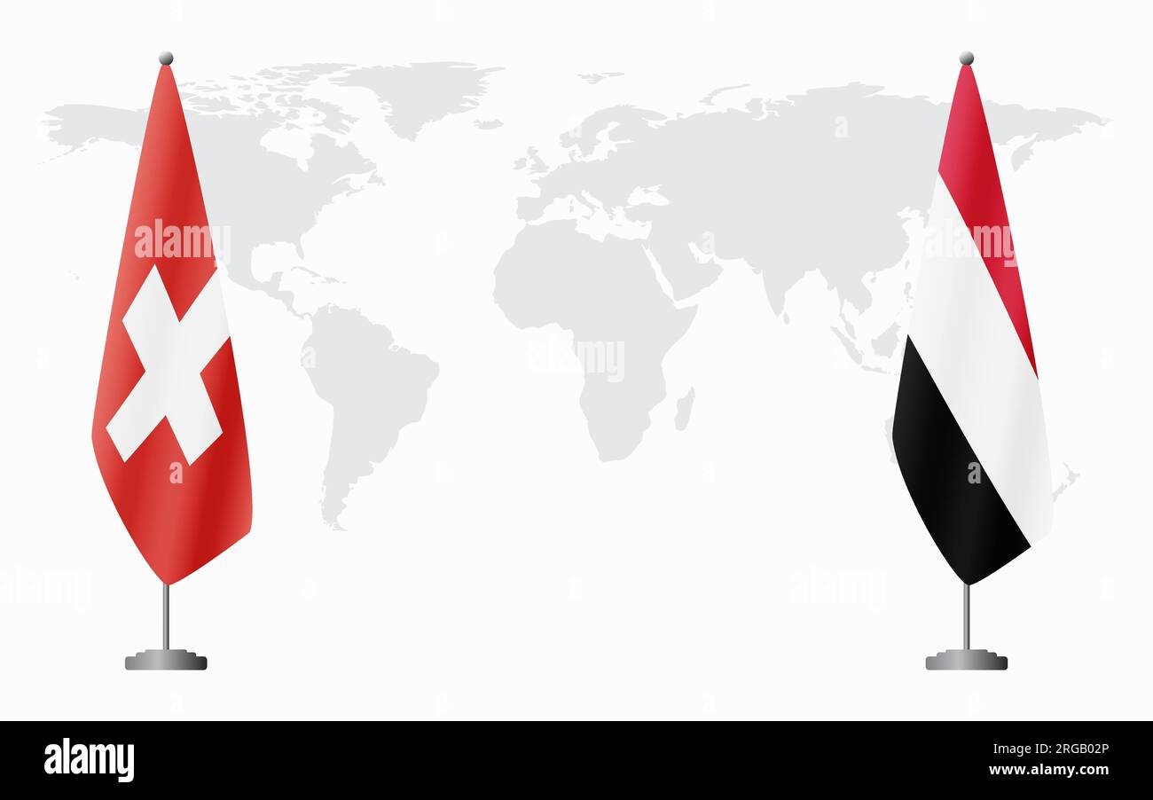 Switzerland and Yemen flags for official meeting against background of world map. Stock Vector