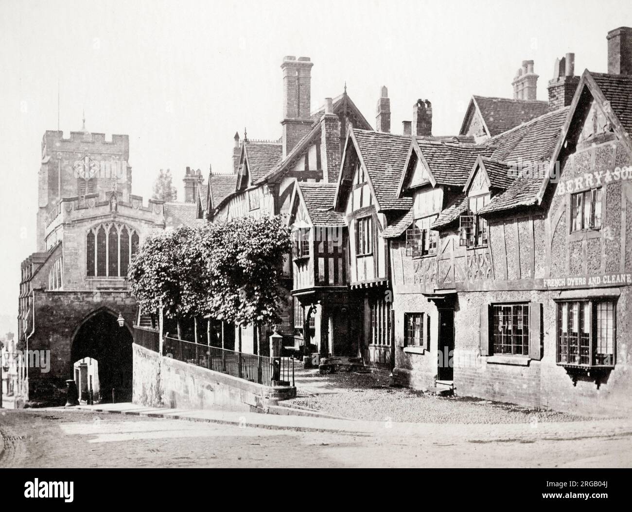 19th century vintage photograph: The Lord Leycester Hospital, West Gate, Warwick, England, c.1880's. Stock Photo