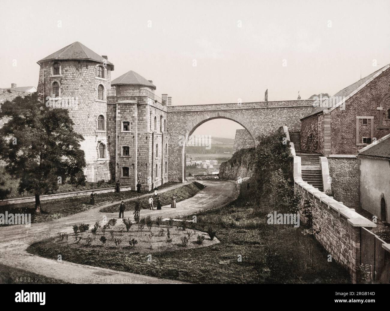 19th century vintage photograph: The Citadel or Castle of Namur is a fortress in the Walloon capital city of Namur, at the confluence of the Sambre and Meuse rivers,. Belgium. Stock Photo