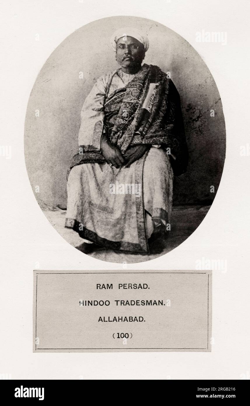 19th century vintage photograph - The People of India: A Series of Photographic Illustrations, with Descriptive Letterpress, of the Races and Tribes of Hindustan - published in the 1860s under order of the Viceroy, Lord Canning - Ram Persad, Hindoo Hindu tradesman, Allahabad. Stock Photo