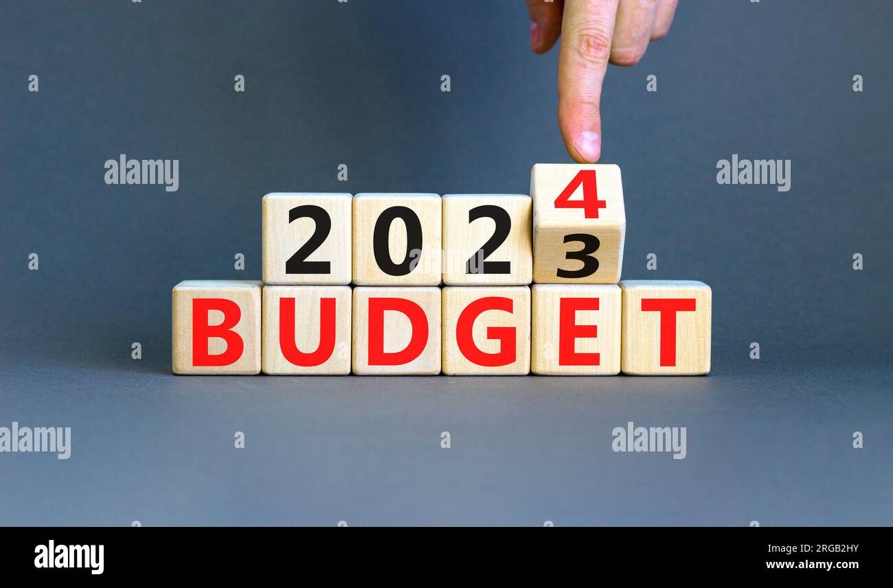 Planning 2024 budget new year symbol. Businessman turns a wooden cube