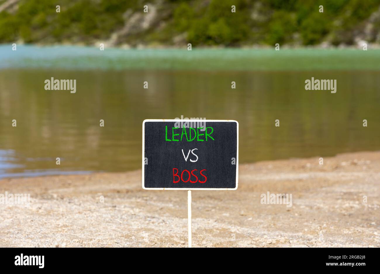 Boss vs leader symbol. Concept words Boss vs versus leader on beautiful black chalk blackboard. Beautiful mountain lake background. Business motivatio Stock Photo