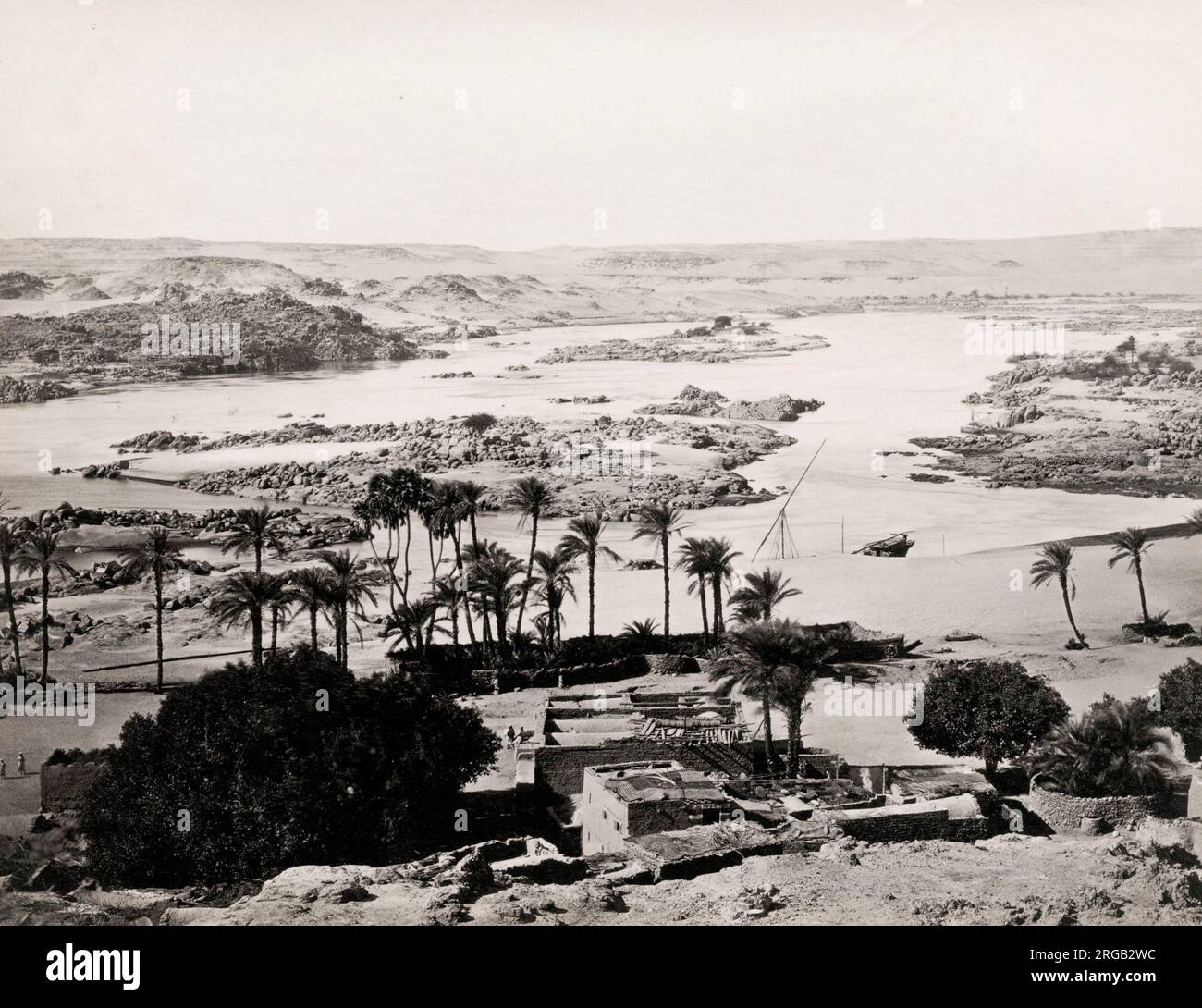Vintage 19th century photograph: wide angle view of the River Nile