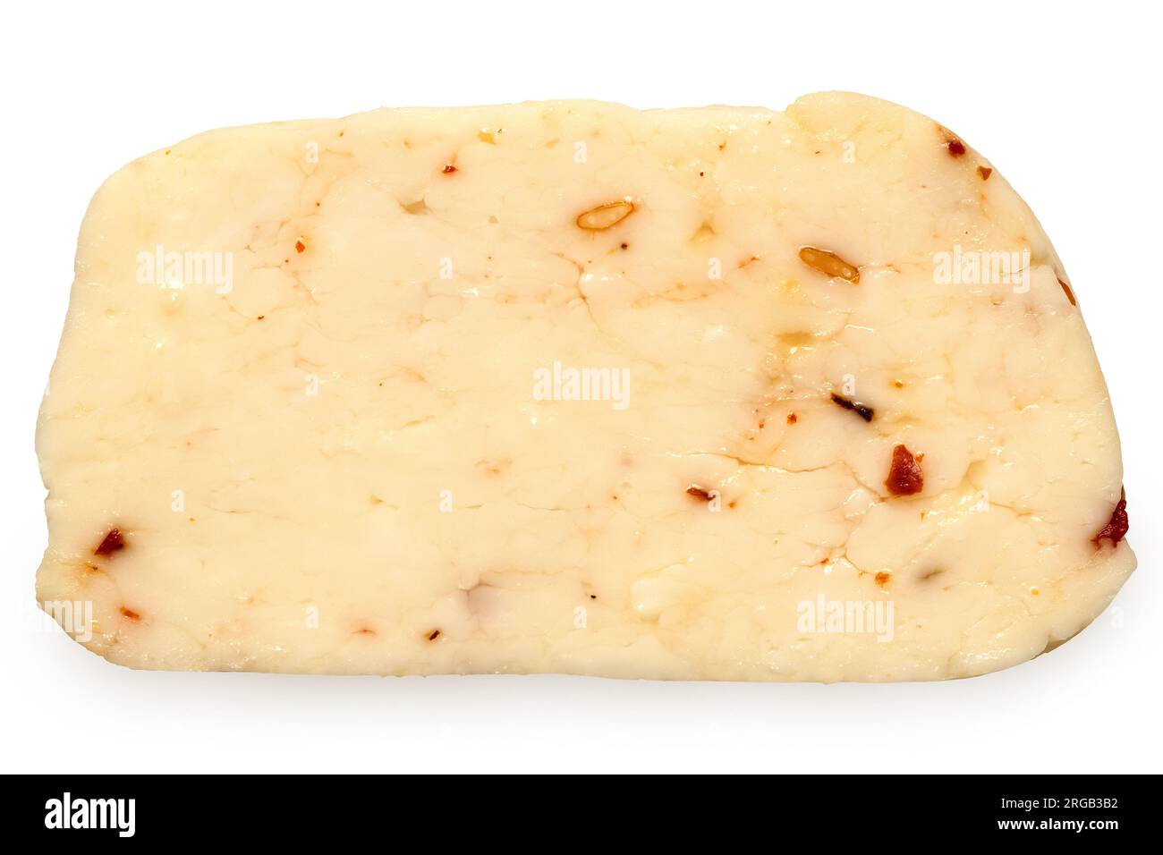Slice of halloumi cheese with red chilli isolated on white. Top view. Stock Photo