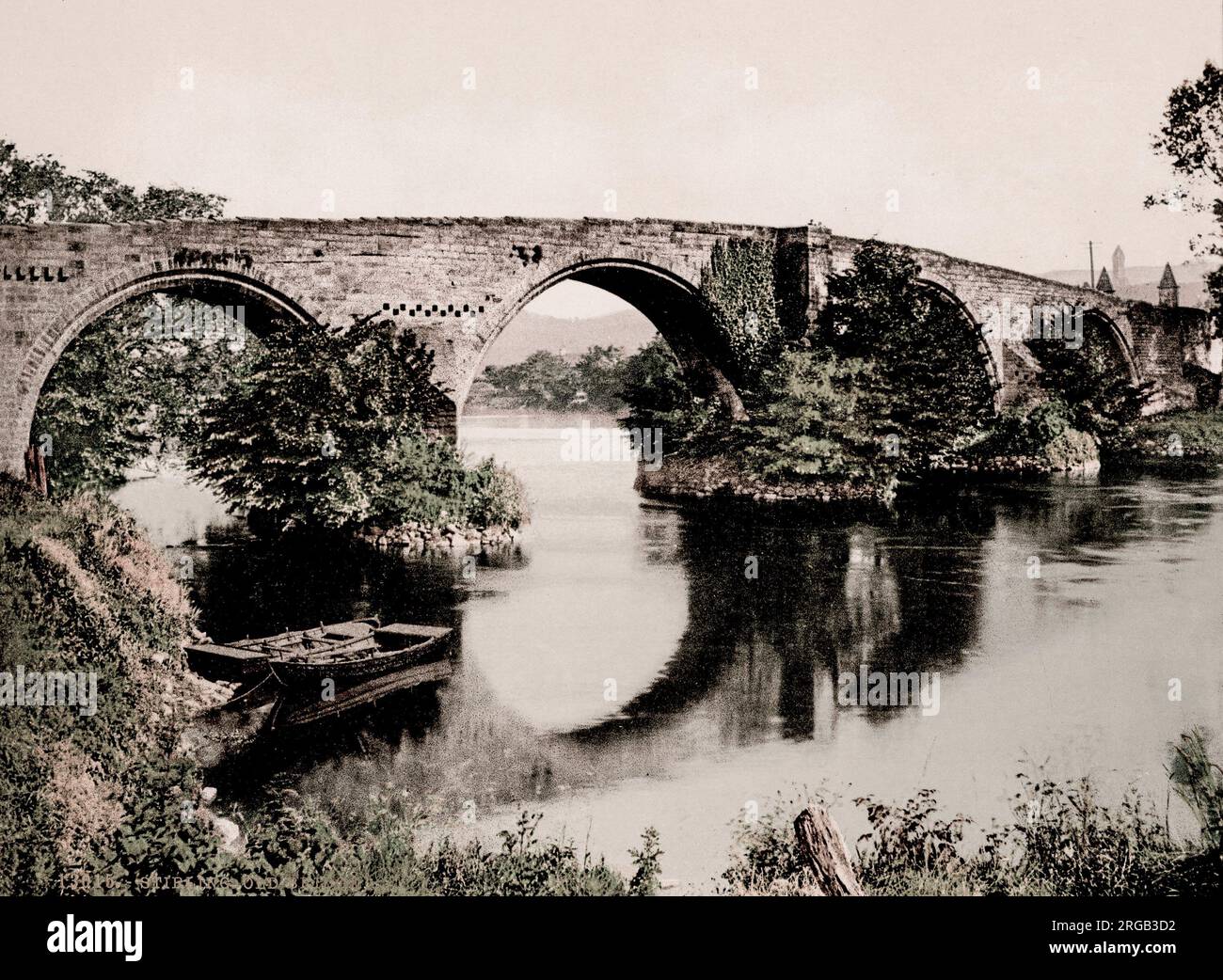 Vintage 19th century / 1900 photograph: Stirling Old Bridge is a stone bridge which crosses the River Forth, Scotland. Stock Photo