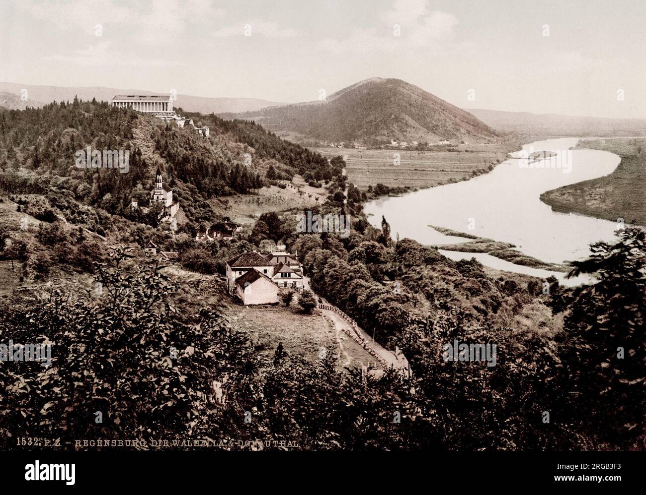 Vintage 19th century / 1900 photograph: Regensburg Germany, the Walhalla, and Donauthal. The Walhalla is a hall of fame that honours laudable and distinguished people in German history Stock Photo