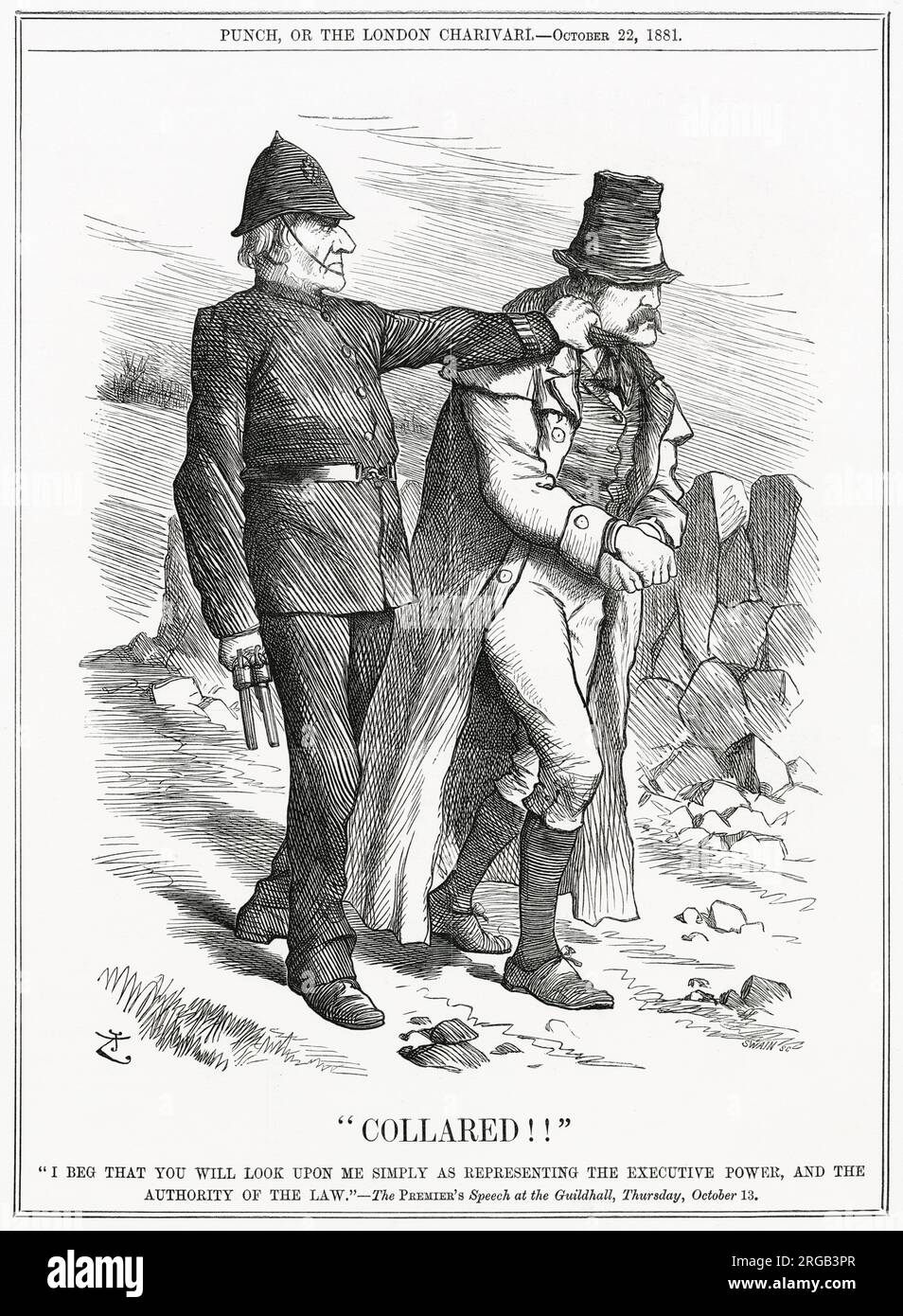 Gladstone collars a terrorist. 'I beg that you will look upon me simply as representing the executive power, and the authority of the law.' Stock Photo