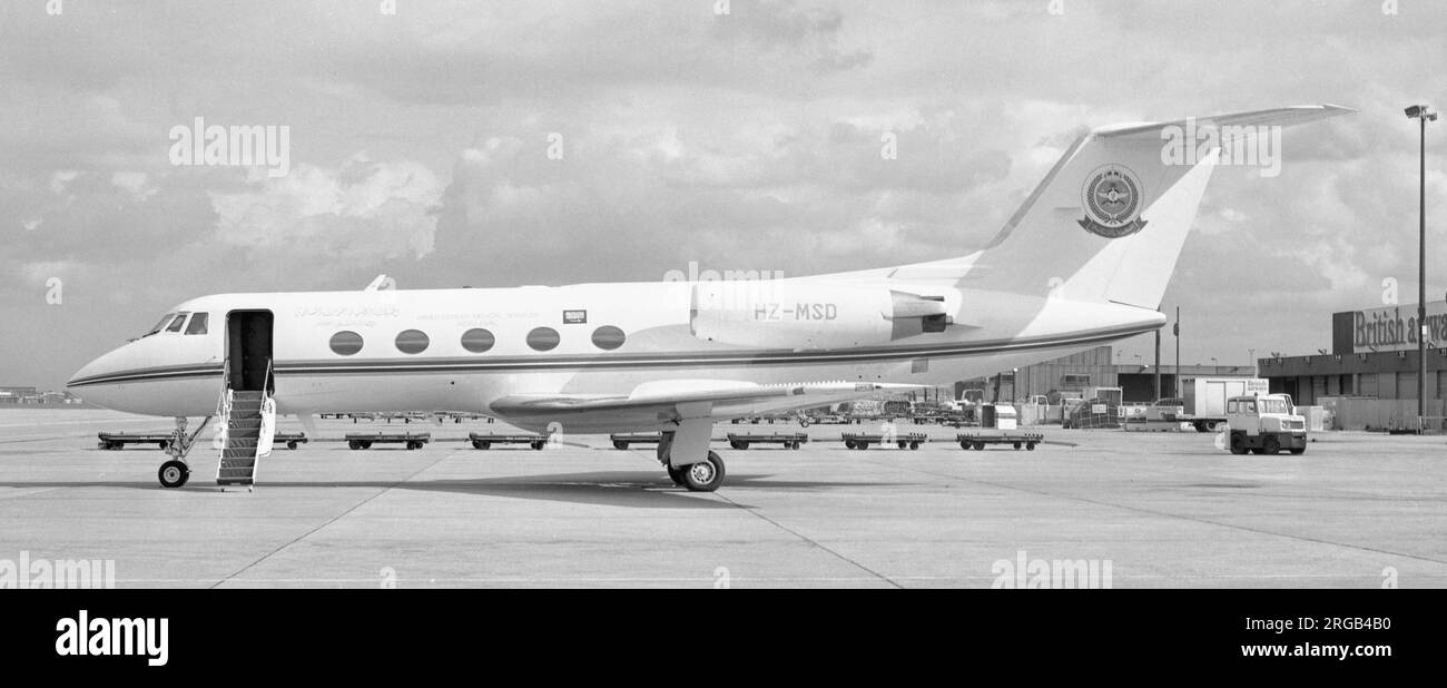 Grumman G-1159 Gulfstream II HZ-MSD (msn 256), of the Saudi Arabian Armed Forces Medical Services, Aero-Medical Evacuation aircraft, at London Heathrow airport. Stock Photo