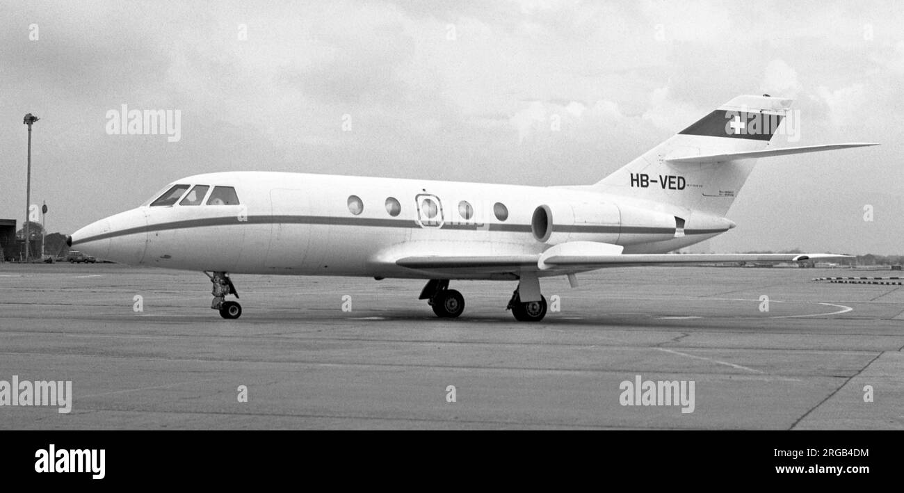 Dassault Falcon 20C HB-VED (msn 162), of Aeroleasing S.A., at London Heathrow Airport, on 16 October 1975. Stock Photo