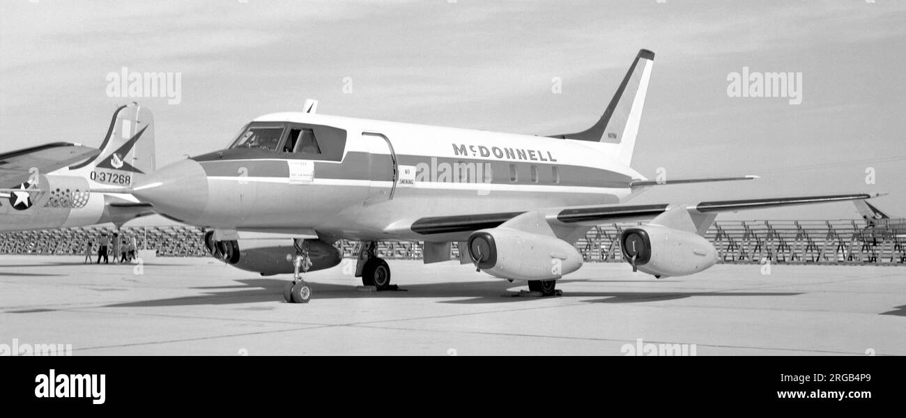 McDonnell Model 119 N119M (msn 1), at Edwards Air Force Base on 17 May 1959. Designed to meet the UCX requirement for a utility transport to replace the Beech C-45, the 119 failed to attract an order as the United States Air Force preferred the Lockheed JetStar, which it ordered as the C-140. The prototype was re-vamped as a civilian executive transport / feeder-liner for 10 / 29 passengers and re-designated Model 220, but orders dried up when it became too expensive without a military order. The aircraft was used as a company transport until 1965, when it was sold to Flight Safety Foundation Stock Photo