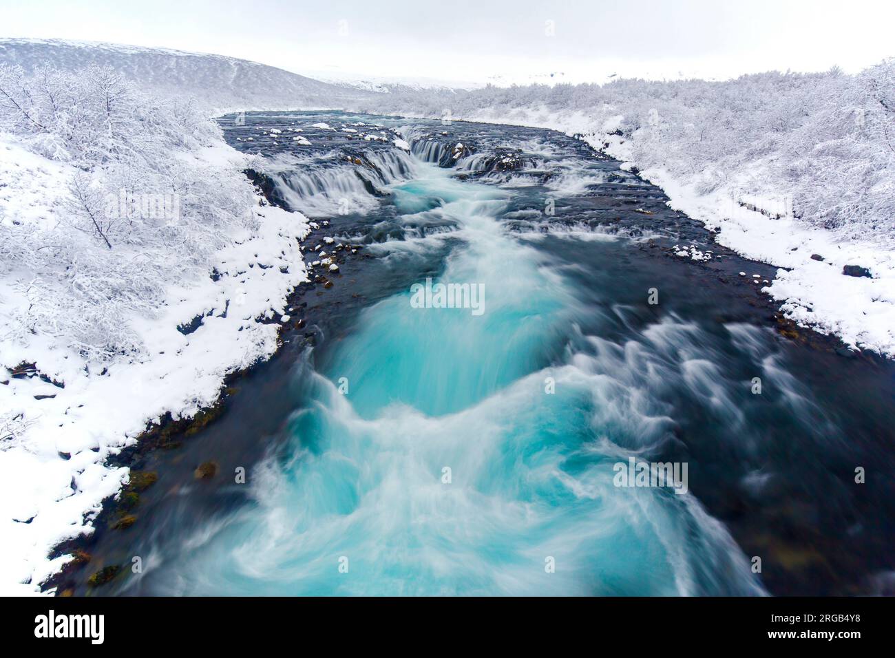 Bruarfoss waterfall in winter, Southern Region / Suðurland, Iceland Stock Photo