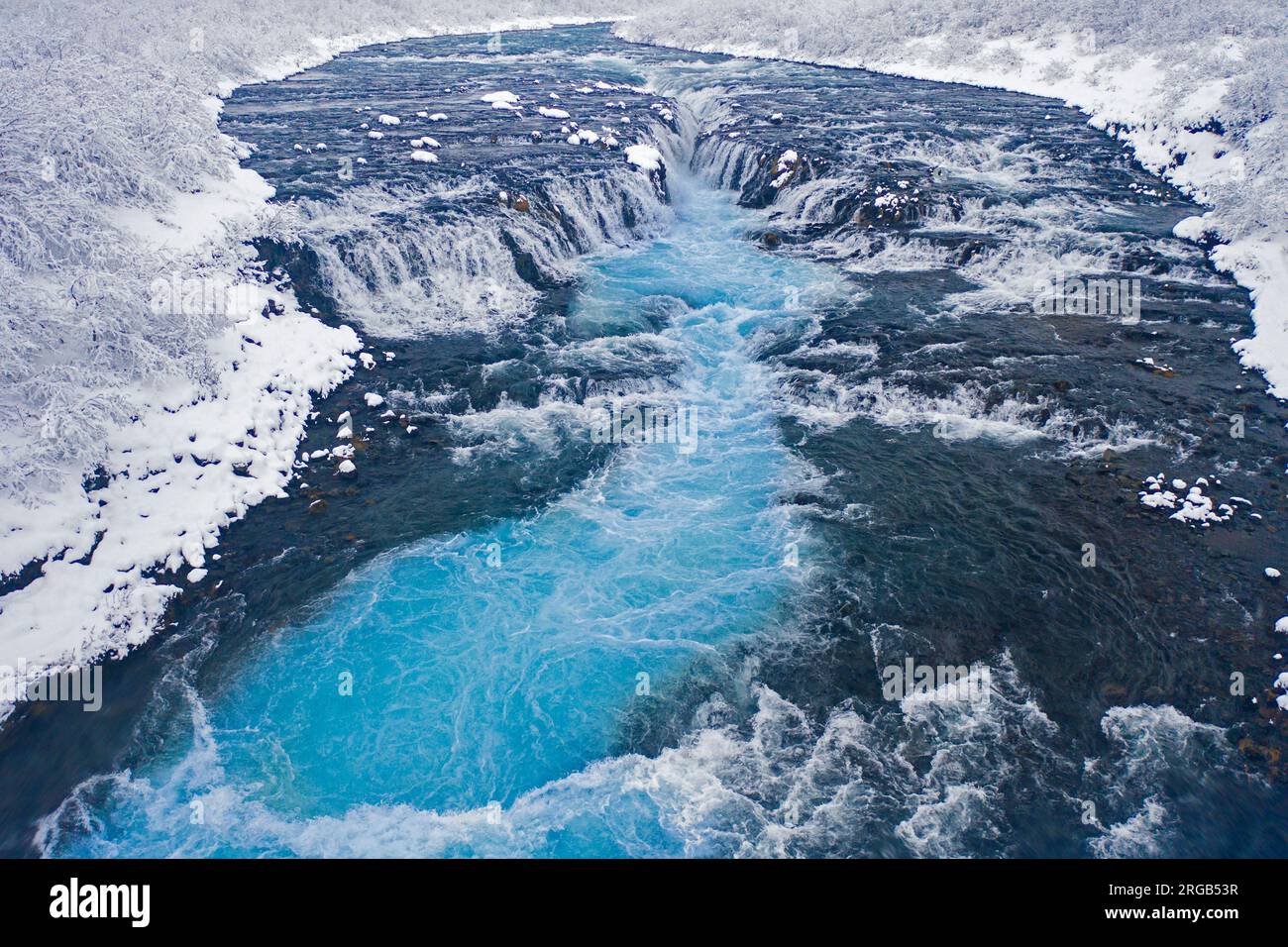 Aerial view over Bruarfoss waterfall in winter, Southern Region / Suðurland, Iceland Stock Photo