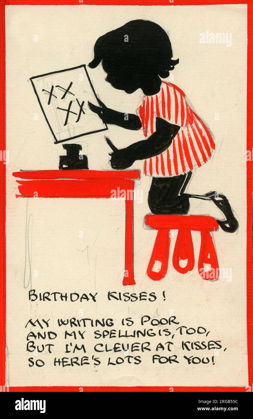 Postcard design artwork - Birthday Kisses! - a little girl kneeling on a stool writing a letter with four big kisses. Stock Photo
