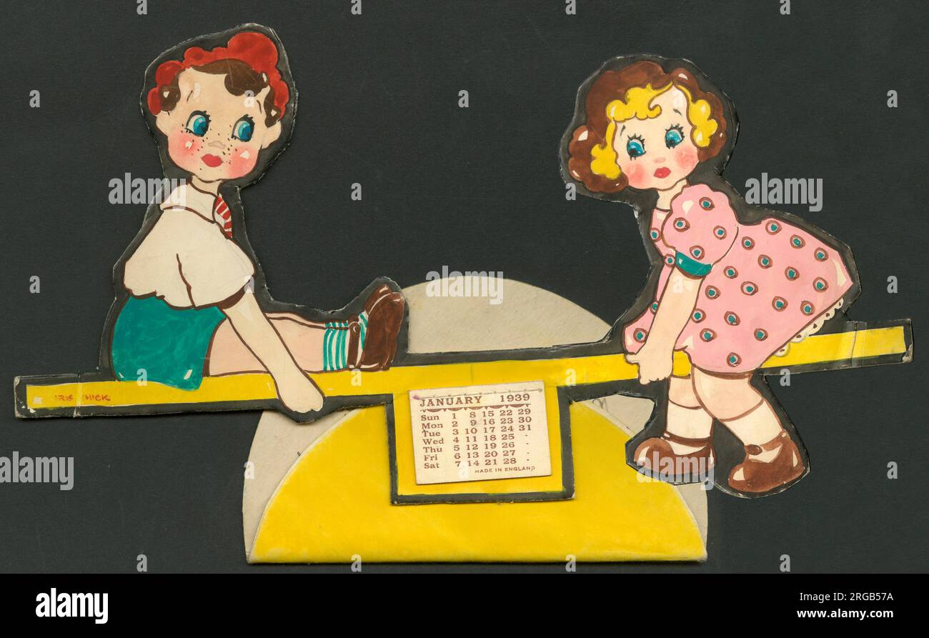 Design for a Calendar - Original artwork - boy and girl on a yellow seesaw Stock Photo